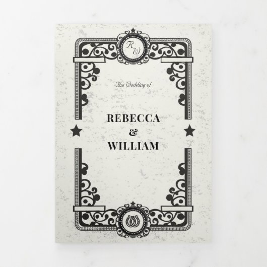 Land Western Zwart Wit Rustiek Trifold Bruiloft Drieluik Uitnodiging (Cover)