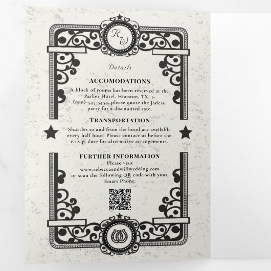 Land Western Zwart Wit Rustiek Trifold Bruiloft Drieluik Uitnodiging (Binnenzijde eerst)