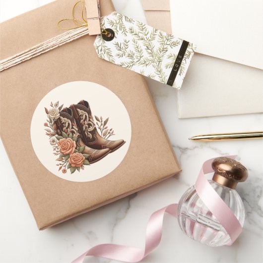 Land Westerne Bloemen met Cowboy Boots- Ronde Sticker (Geschenken)