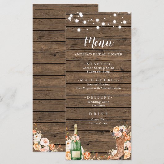 Land Westerne Boots en Vrijgezellenfeest Menu (Voorkant / Achterkant)