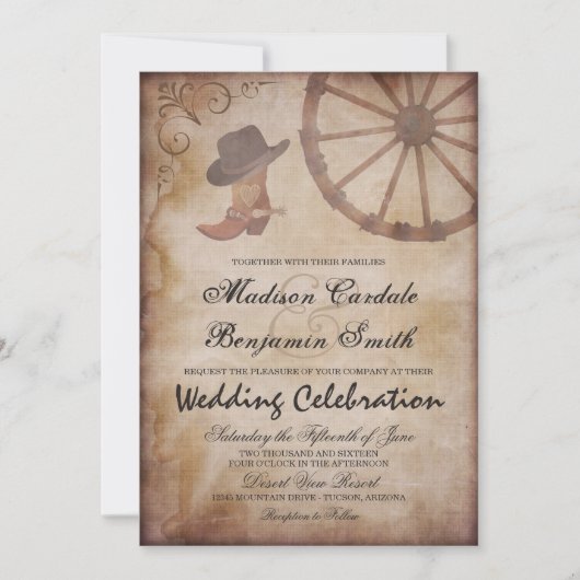 Land Westerne Boots Wagon Wheel Wedding Invite Kaart (Voorkant)