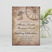 Land Westerne Boots Wagon Wheel Wedding Invite Kaart (Staand voorkant)