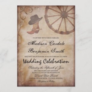 Land Westerne Boots Wagon Wheel Wedding Invite Kaart