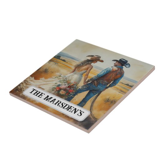 Land Westerne bruiloft Waterverf Tegeltje (Zijkant)