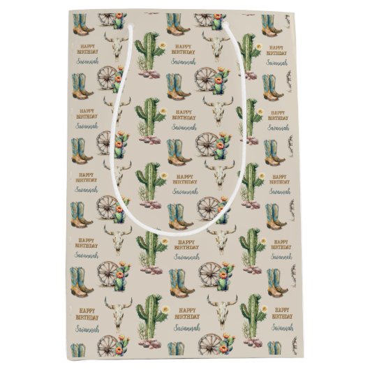 Land Westerne Cactus Laarzen Naam Happy Birthday Medium Cadeauzakje (Voorkant)