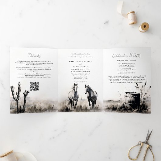 Land Westerne Cowboy Art Sketch All One Wedding Drieluik Uitnodiging (Binnen)