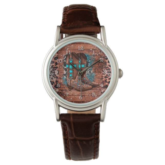 Land Westerne Cowboy Boots Leopard Print Blauwgroe Horloge (Voorkant)