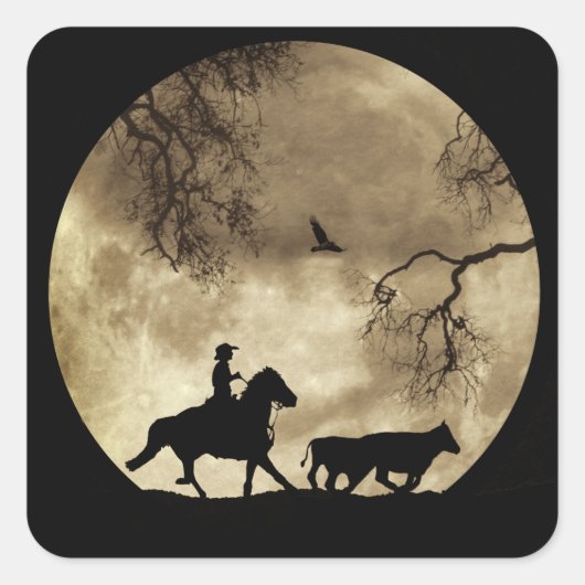 Land Westerne cowboy en Horse Moon Vierkante Sticker (Voorkant)