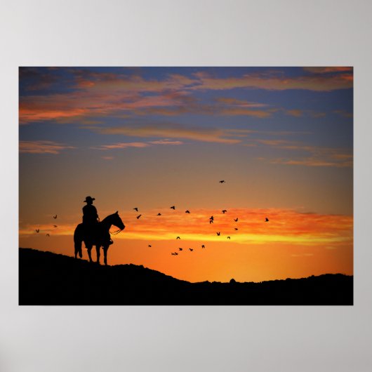 Land Westerne cowboy en paard in Sunset Poster (Voorkant)