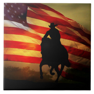 Land Westerne cowboy en paard met vlag Tegeltje