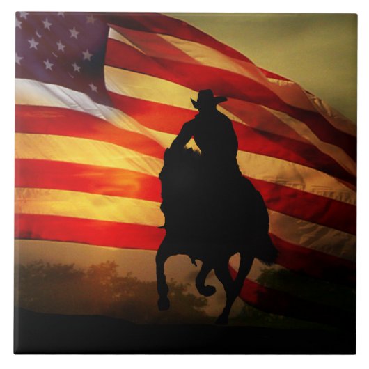 Land Westerne cowboy en paard met vlag Tegeltje (Voorkant)
