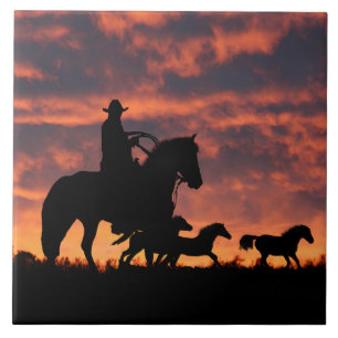 Land Westerne Cowboy Roundup Herd van Paarden Tegeltje