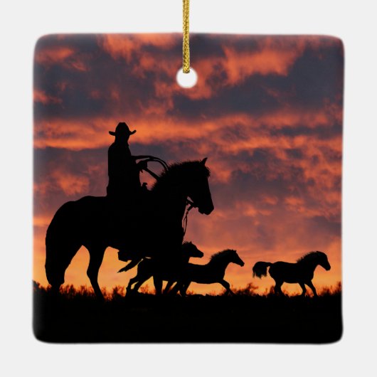 Land Westerne Cowboy Roundup Wilde Paarden Keramisch Ornament (Achterkant)