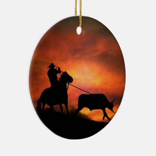 Land Westerne Cowboy Steer Roping Keramisch Ornament (Rechts)