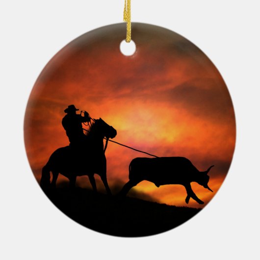 Land Westerne Cowboy Steer Roping Keramisch Ornament (Achterkant)