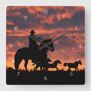 Land Westerne cowboy wilde paarden Vierkante Klok
