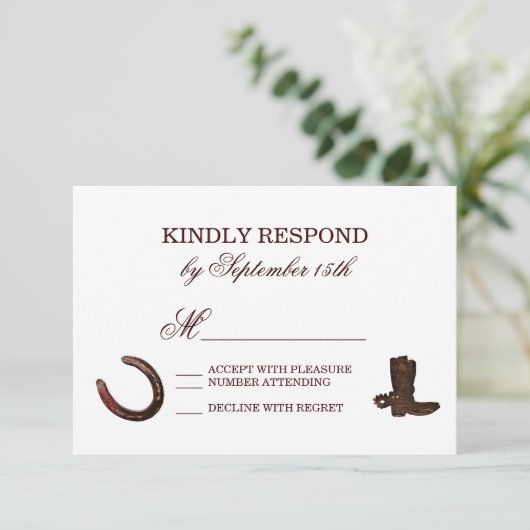 Land Westerne Hoefijzers Boots Wedding RSVP (Staand voorkant)