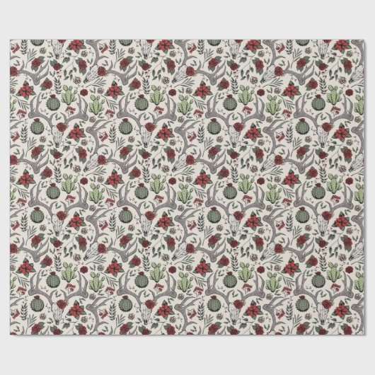 Land Westerne Kerst Bloemen Rendier Schedel Cadeaupapier (Vlak)