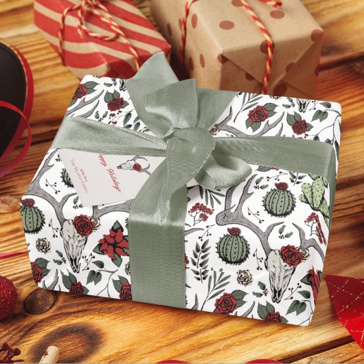 Land Westerne Kerst Bloemen Rendier Schedel Cadeaupapier