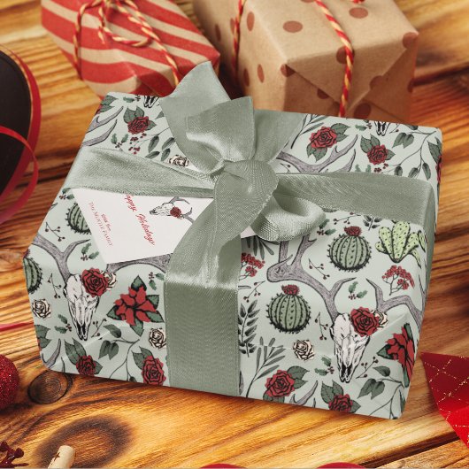 Land Westerne Kerst Bloemen Rendier Schedel Cadeaupapier