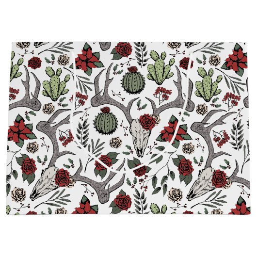 Land Westerne Kerst Bloemen Rendier Schedel Groot Cadeauzakje (Voorkant)