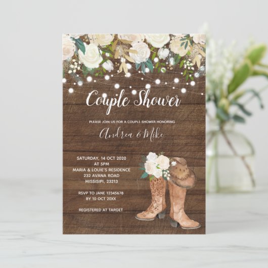 Land Westerne laarzen Couple Shower Invitation Kaart (Staand voorkant)