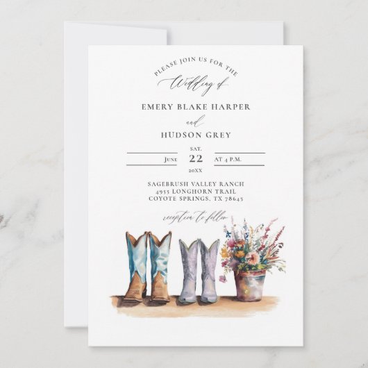 Land Westerne Laarzen Wildflowers Rustieke bruilof Kaart (Voorkant)