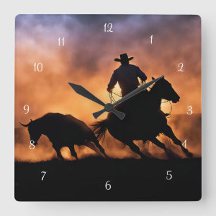 Land Westerne ringende cowboy en paarden Vierkante Klok