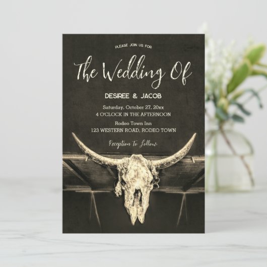 Land Westerne Rustieke Sepia Bull Skull Wedding Kaart (Staand voorkant)