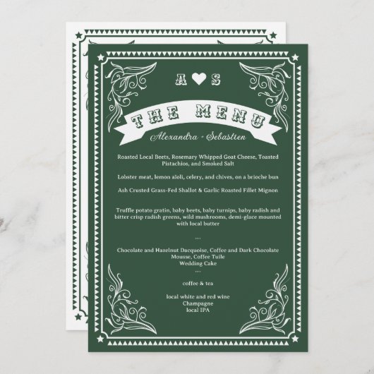  land Westerne rustieke smaragd bruiloft Menu (Voorkant / Achterkant)