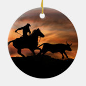 Land Westerne Steer Roping Cowboy Keramisch Ornament (Achterkant)
