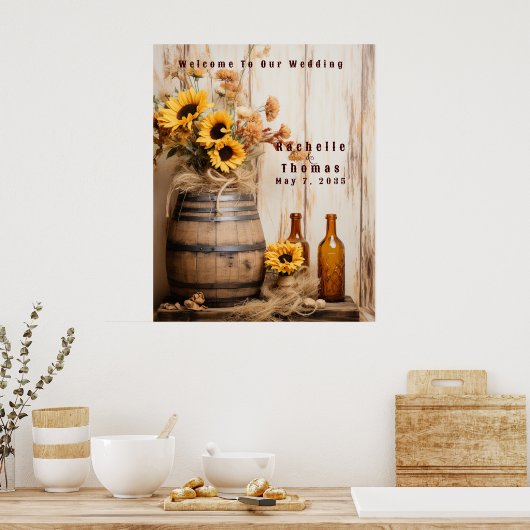 Land Westerne Zonnebloemen Whiskey Barrel Welkom Poster (Keuken)