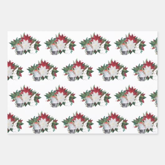 Land White Rabbit Tea Cups Poinsettia Kerstmis Inpakpapier Vel (Voorkant 2)