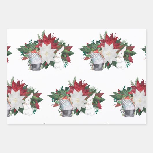 Land White Rabbit Tea Cups Poinsettia Kerstmis Inpakpapier Vel (Voorkant)