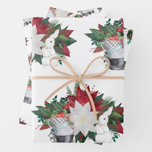Land White Rabbit Tea Cups Poinsettia Kerstmis Inpakpapier Vel (In situ)