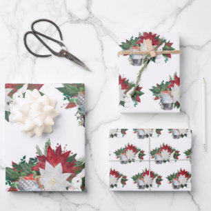 Land White Rabbit Tea Cups Poinsettia Kerstmis Inpakpapier Vel