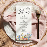 Land Wildbloem Drie gangen Bloemen Bruiloft Menu<br><div class="desc">Country wildflower bruiloft menu met kopjes in elegante kalligrafie en een rand van wilde bloemen in tinten van roze, geel, blauw en wit. Rustieke bloemen, elegante styling en een kleurenpalet voor meerdere seizoenen combineren, waardoor moeiteloze charme wordt uitgestraald. Het wandtapijt van kleuren in dit bloemenontwerp zal een aanvulling vormen op...</div>