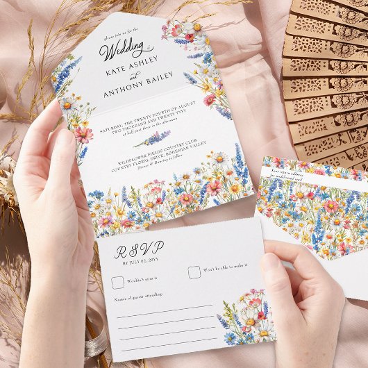 Land Wildbloem Kleurrijke Bloemen Bruiloft All In One Uitnodiging
