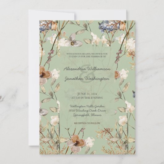 Land Wildbloemen op Sage Groene Bruiloft Kaart (Voorkant)