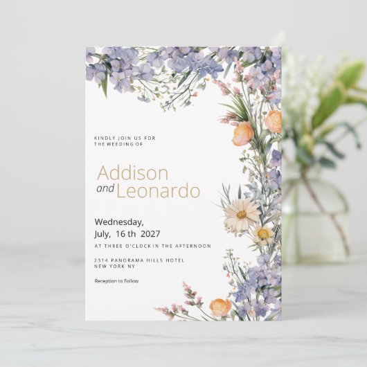 Land wilde bloemen rustieke bruiloft kaart (Staand voorkant)