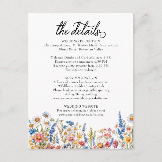 Land Wildflower bruiloft details Informatiekaartje (Voorkant)