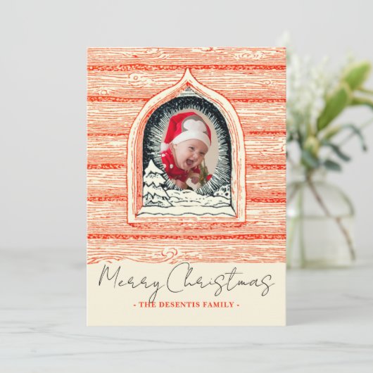 Land Winter Log Cabin Kerstfoto Feestdagenkaart (Staand voorkant)
