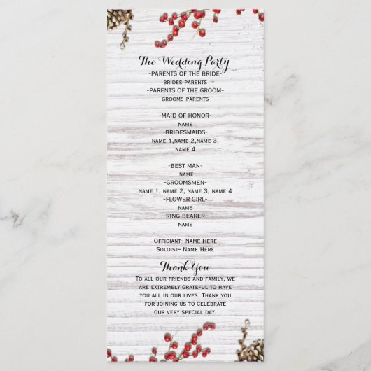 Land Winter Vakantie Berries & Pine Cone Programma Programmakaart (Achterkant)