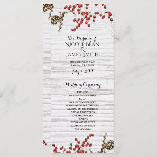 Land Winter Vakantie Berries & Pine Cone Programma Programmakaart (Voorkant / Achterkant)