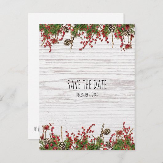 Land Winter Vakantie Bessen & Pine Save Datum Aankondigingskaart (Voorkant / Achterkant)