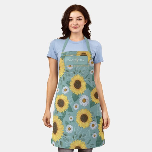 Land Yellow Sunflower Monogram Name Apron Schort (Gedragen)