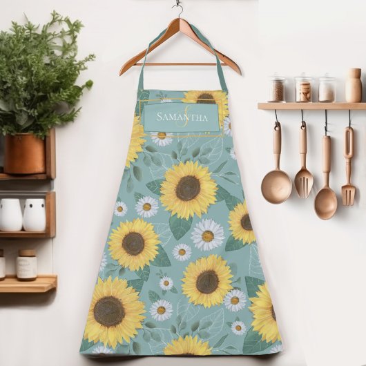 Land Yellow Sunflower Monogram Name Apron Schort