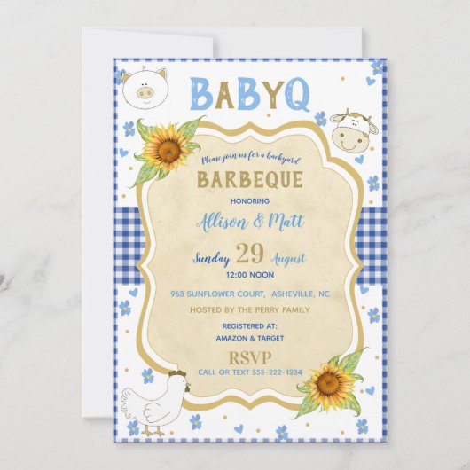 Land Zonnebloem Blauw Gingham Baby Q Barbecue Kaart (Voorkant)