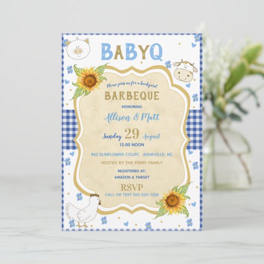 Land Zonnebloem Blauw Gingham Baby Q Barbecue Kaart (Staand voorkant)