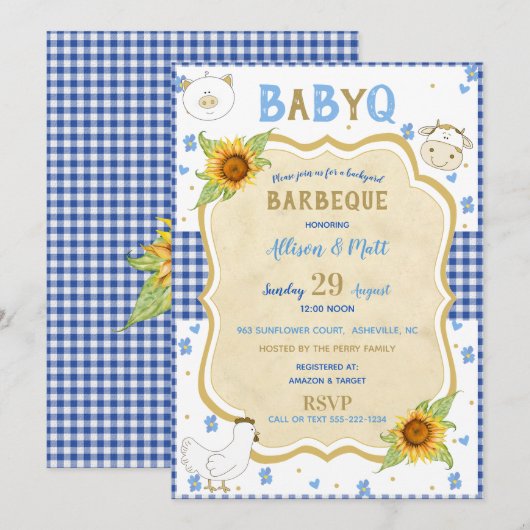 Land Zonnebloem Blauw Gingham Baby Q Barbecue Kaart (Voorkant / Achterkant)